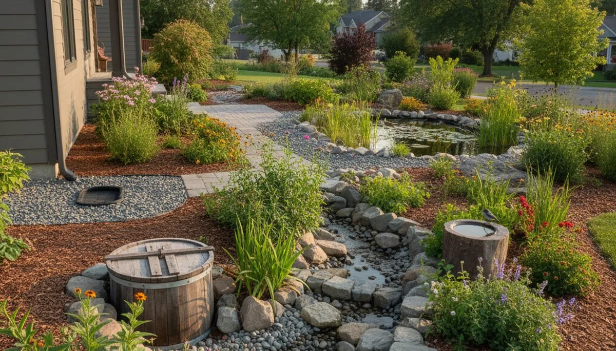 Rain garden with natural water filtration and organic landscaping design in Spokane, WA