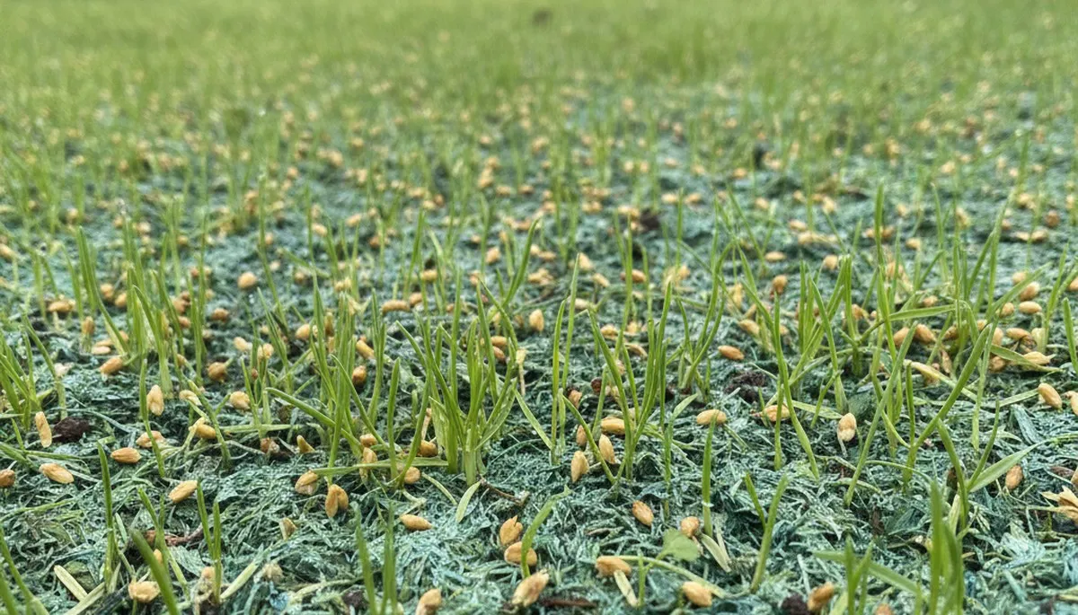 New grass seedlings emerging from hydroseeded soil in Spokane, WA lawn by Chop Chop Landscaping