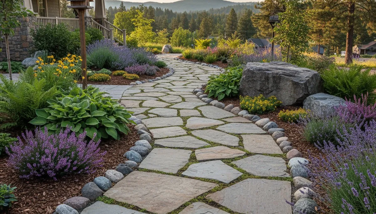 Curved stone paver pathway through landscaped yard by professional landscapers in Spokane, WA